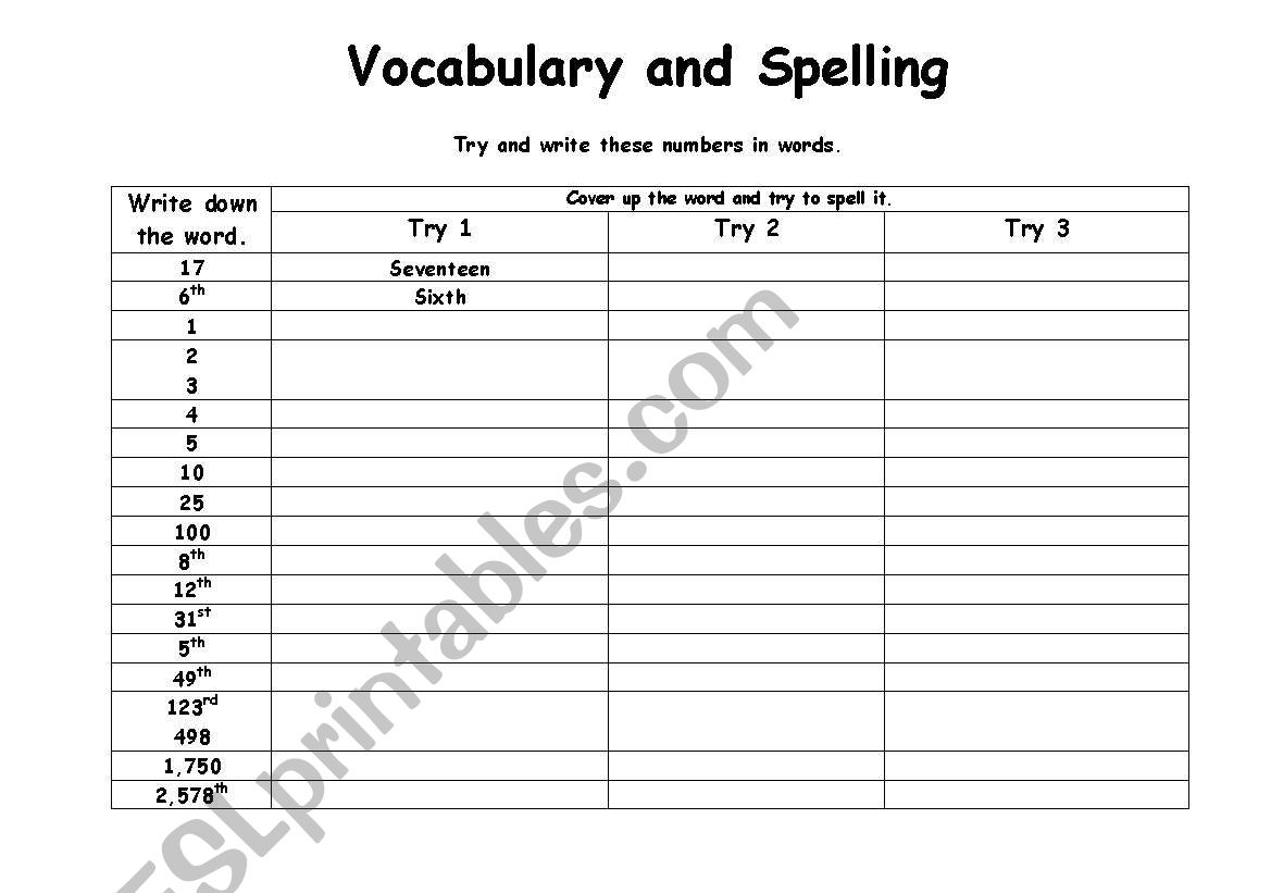 Vocabulary and spelling for numbers and ordinals
