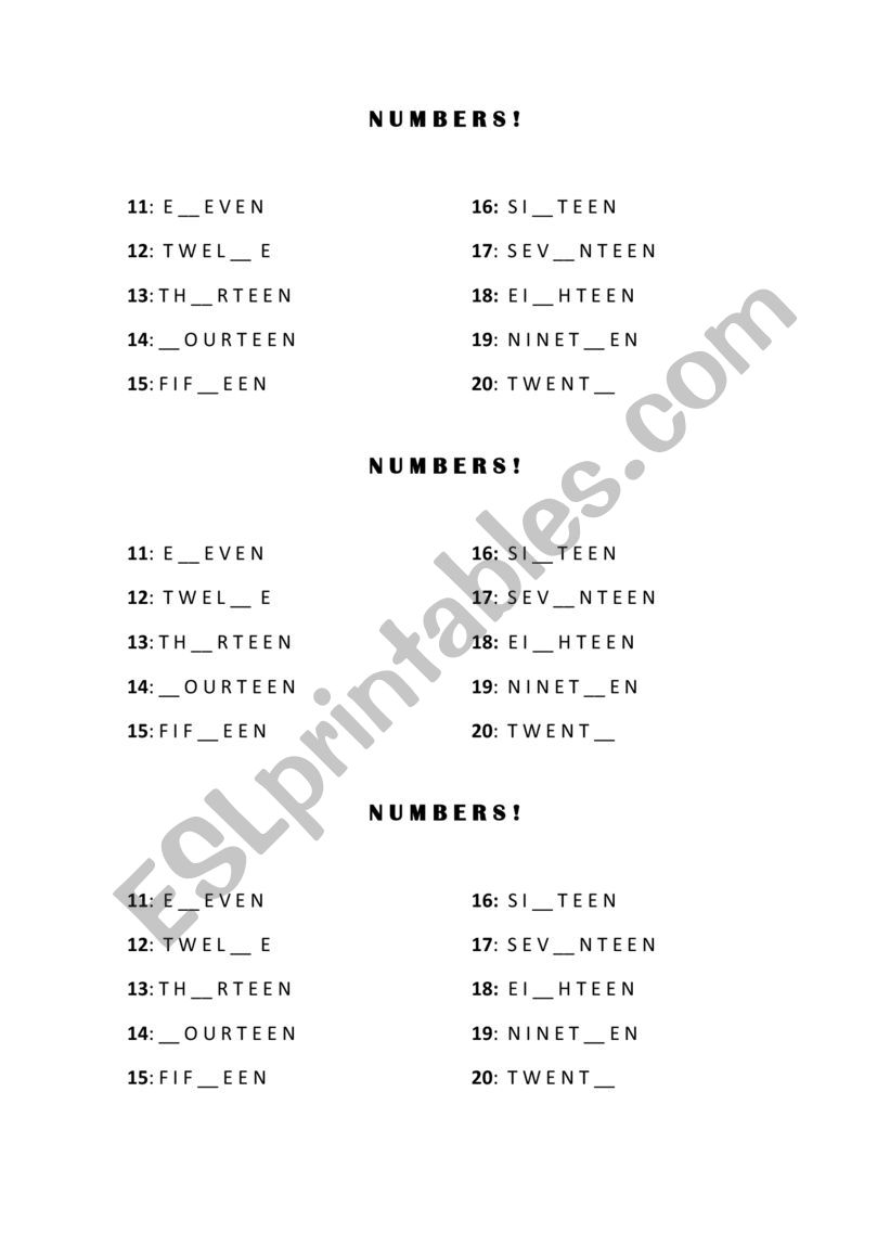 Numbers 11 - 20 worksheet