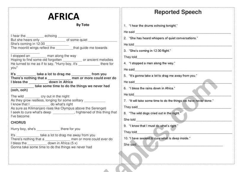 AFRICA BY TOTO worksheet