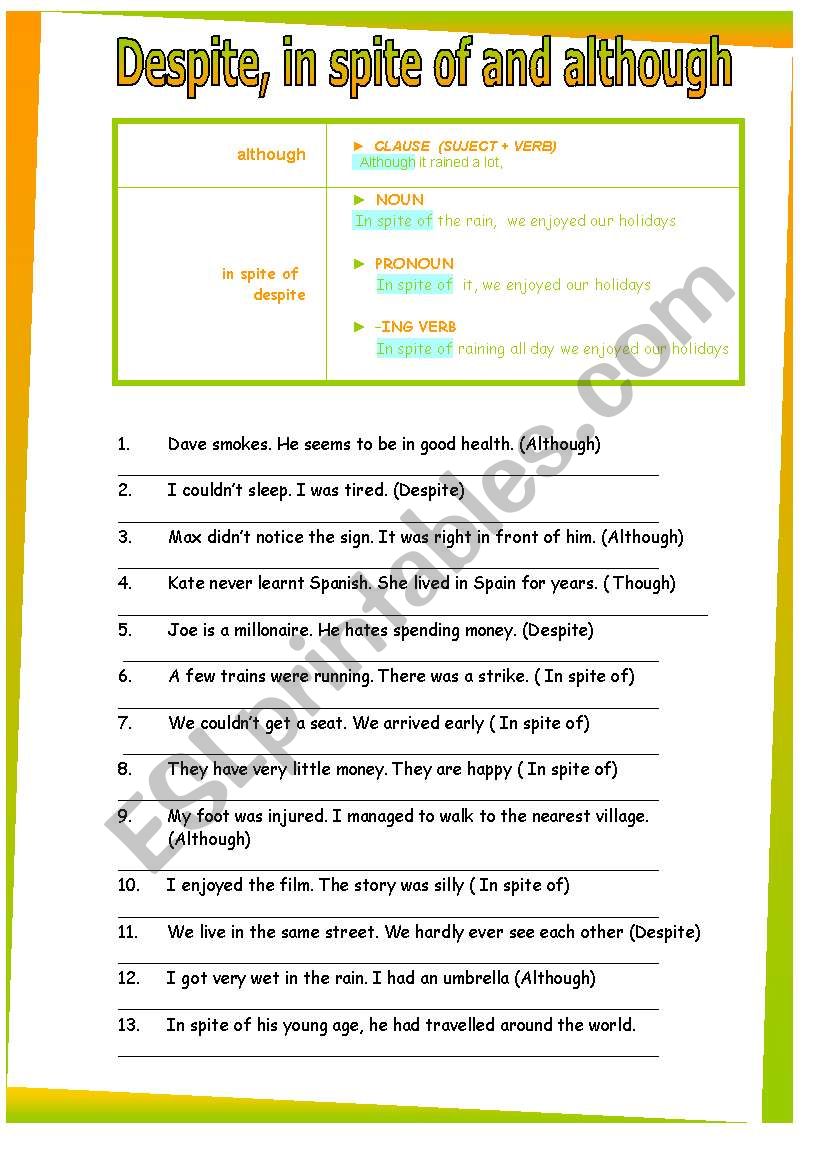 despite, in spite of, although. GRAMMAR WORKSHEET 32