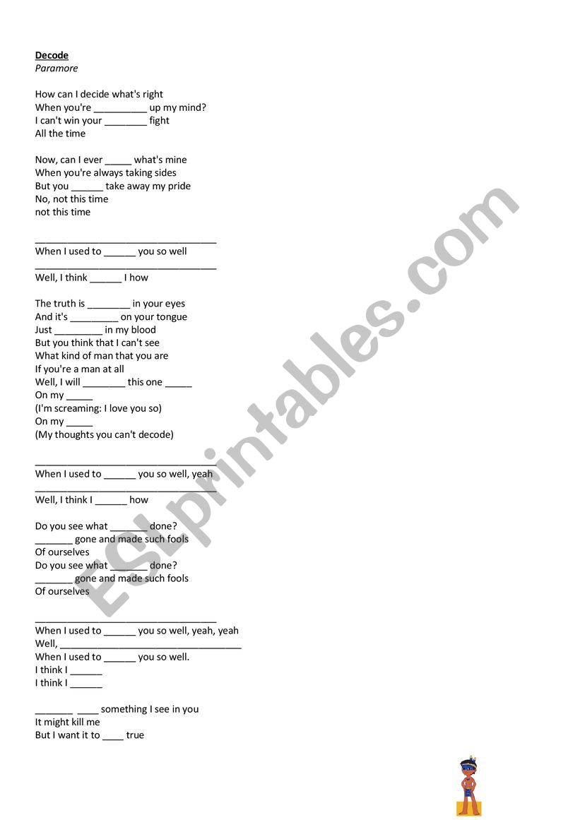 Song Activity - Paramore worksheet