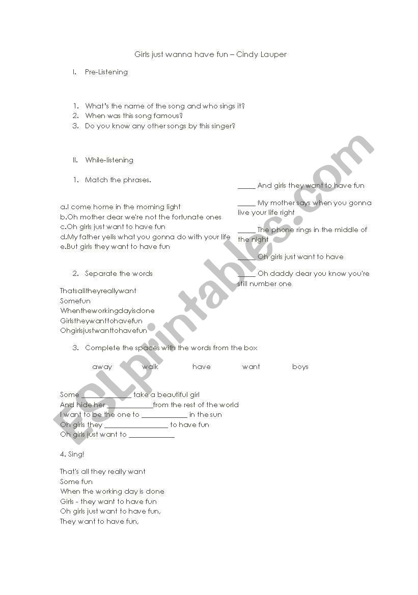 Girls Just Wanna Have Fun  worksheet