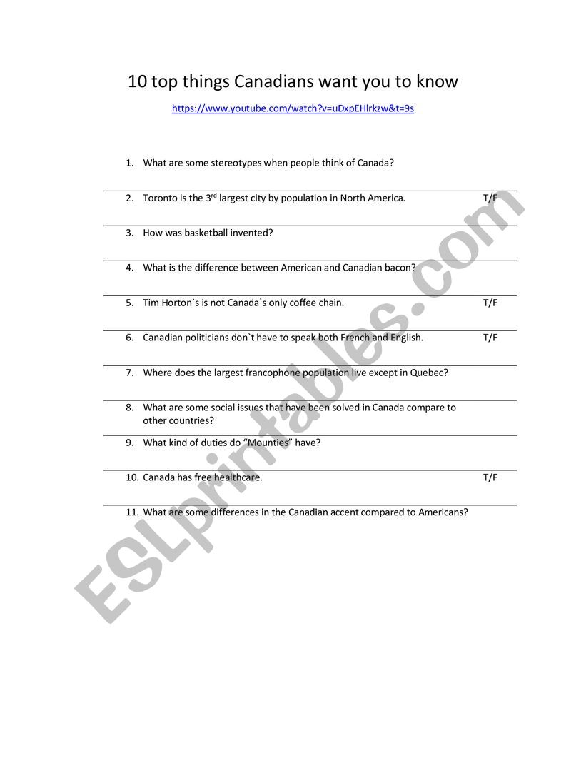 Canada  worksheet