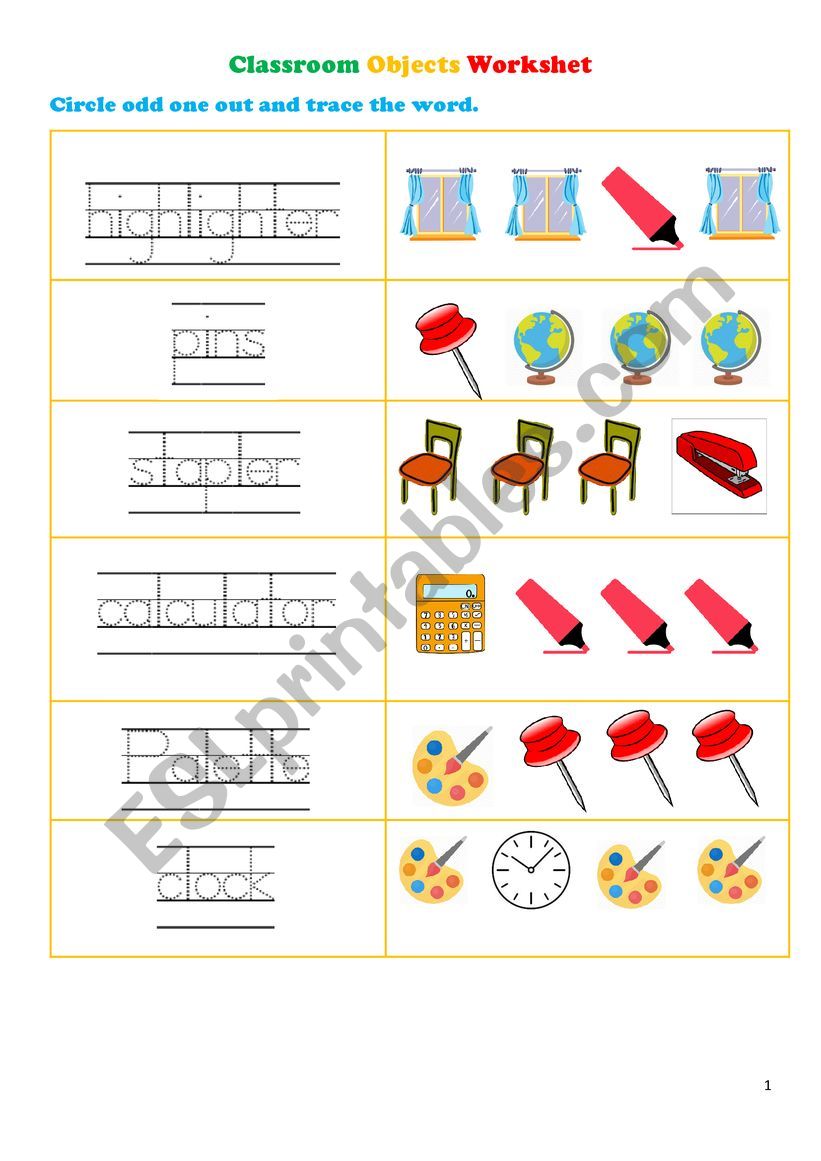 Classroom objects worksheet P3