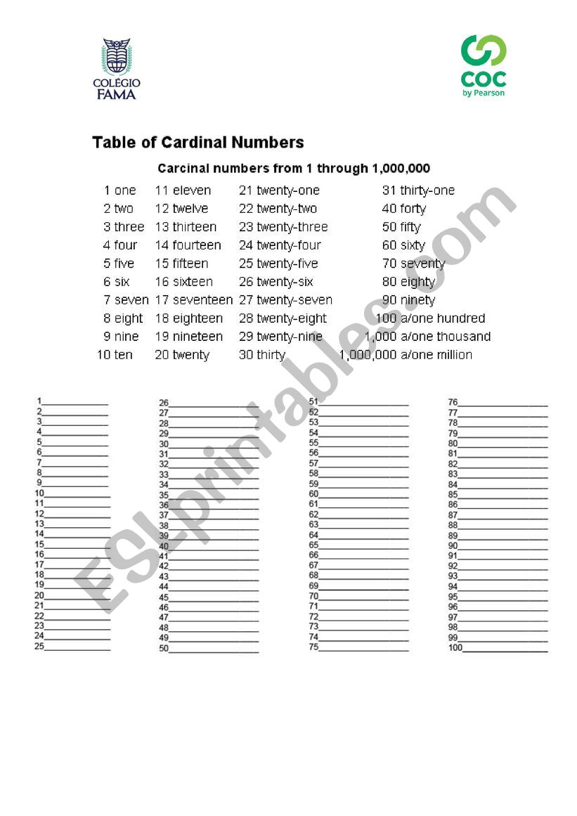 numbers worksheet