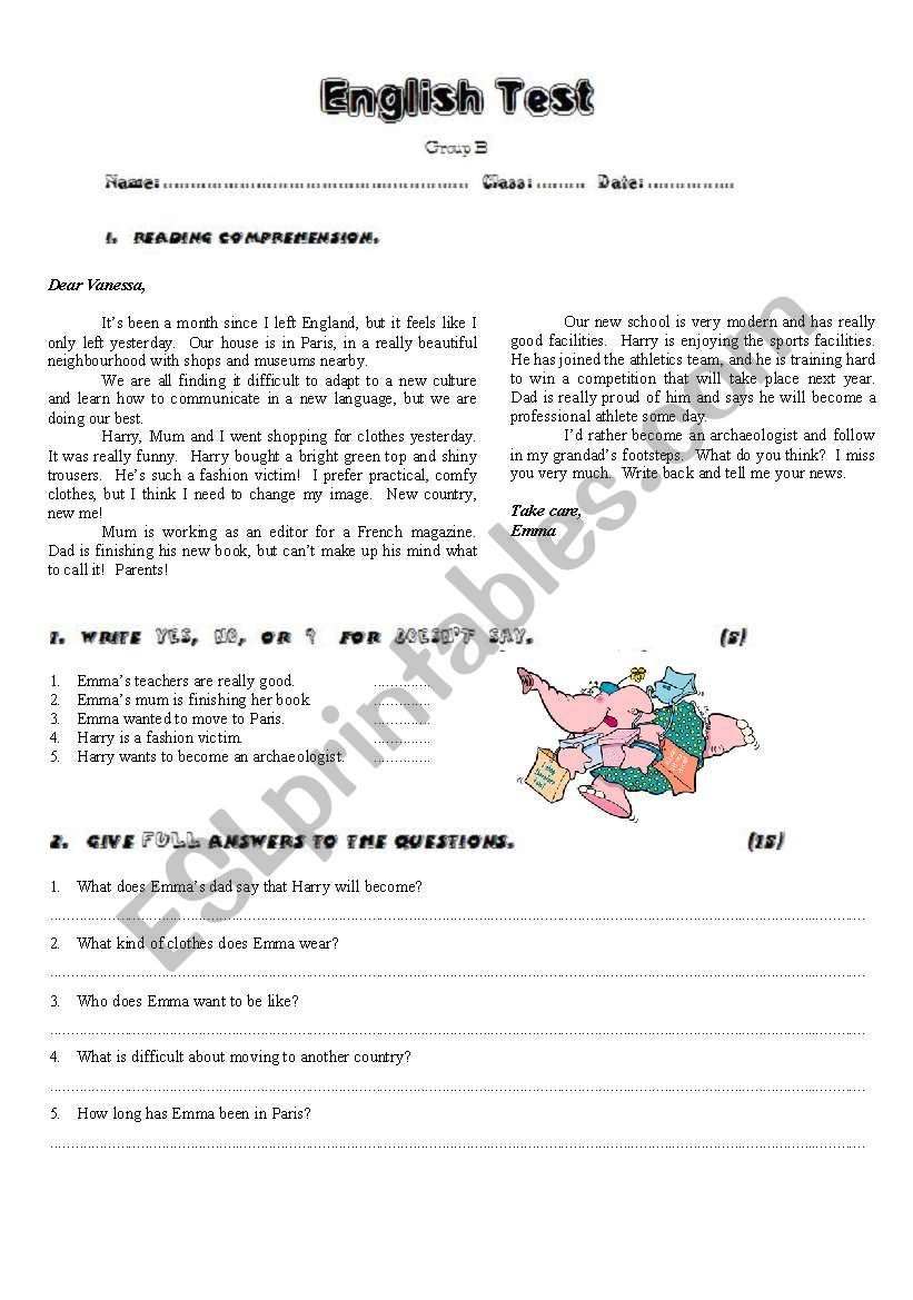 Test on Reading Comprehension worksheet