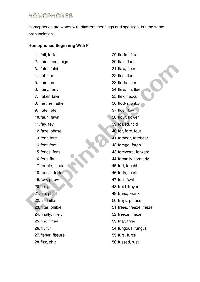 Homophones with F worksheet