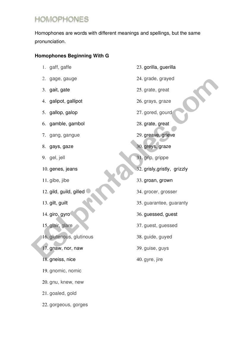 Homophones with G worksheet