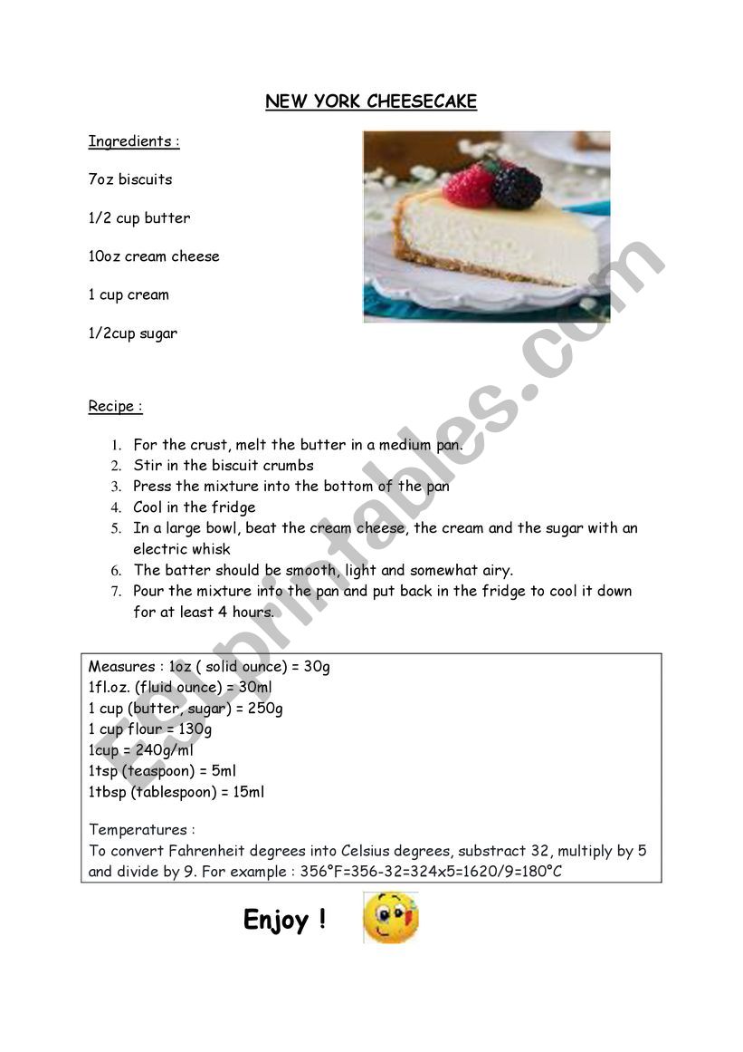 New York Cheesecake worksheet