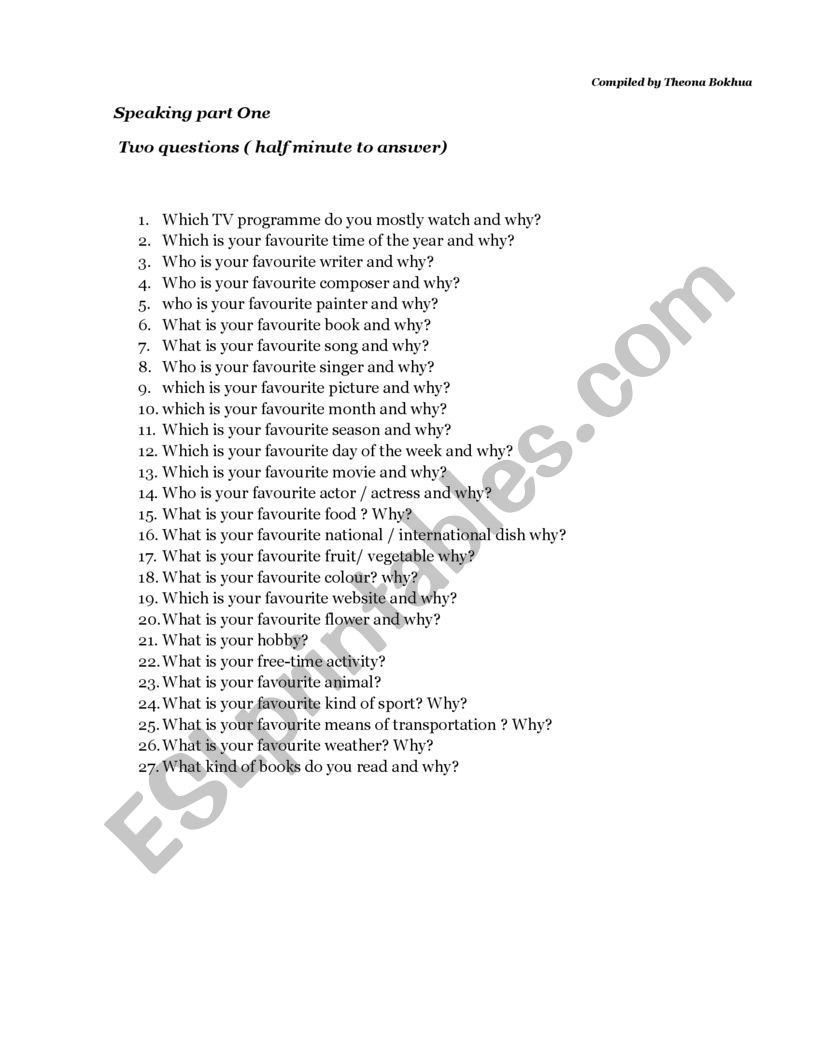 Speaking questiona worksheet