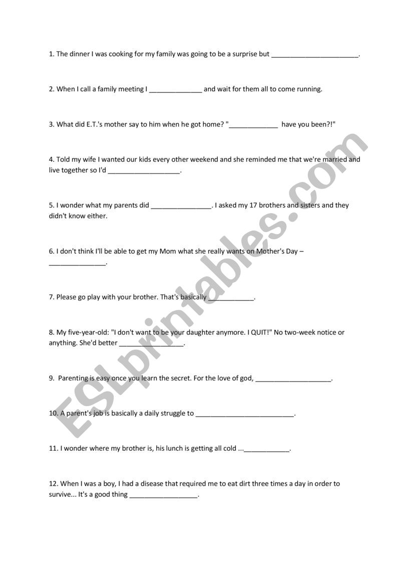Family One-Liners worksheet