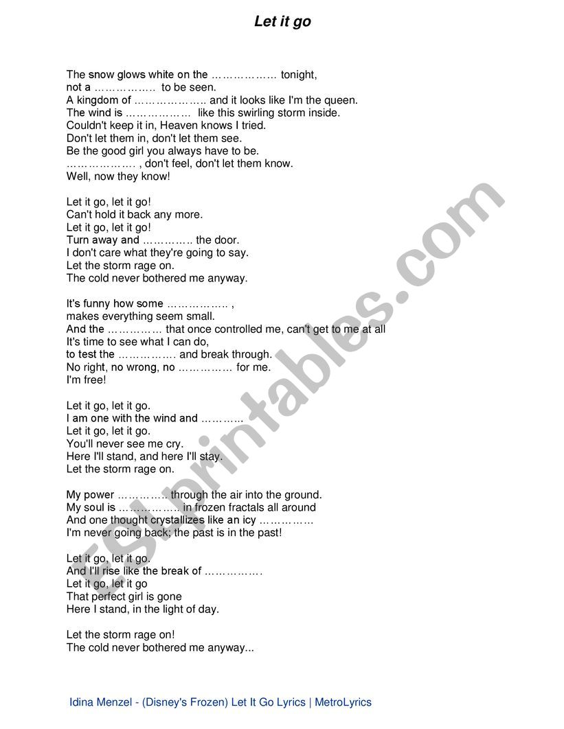 Let it go song activity worksheet