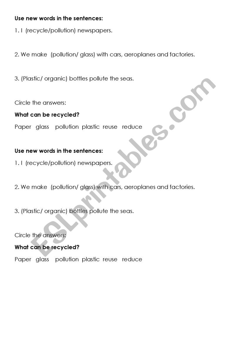 Questions about recycling worksheet