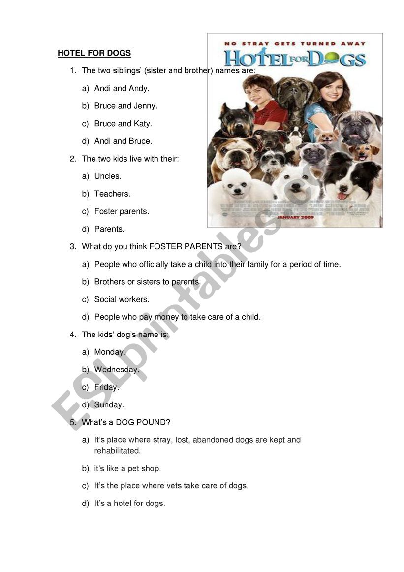 Hotel for dogs. Movie worksheet