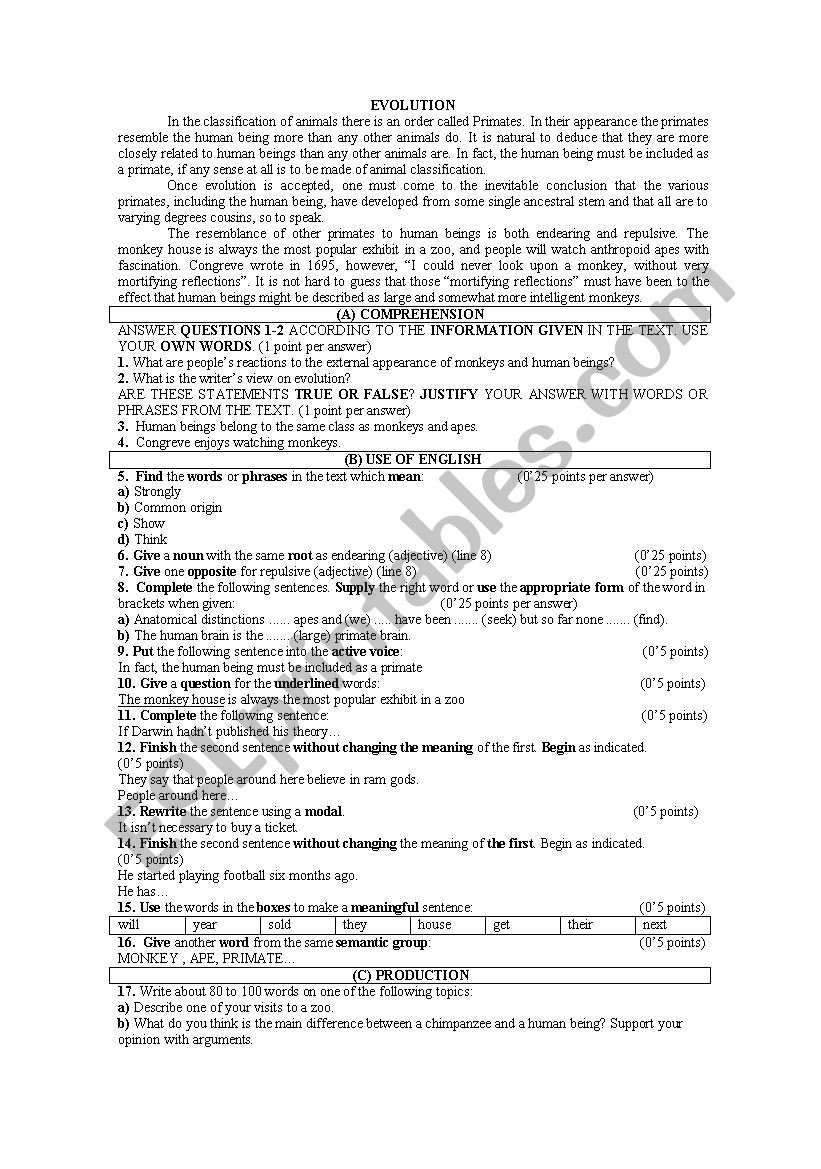 evolution worksheet