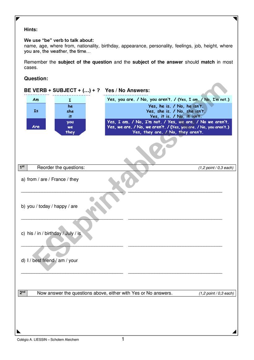 Yes or No questions worksheet