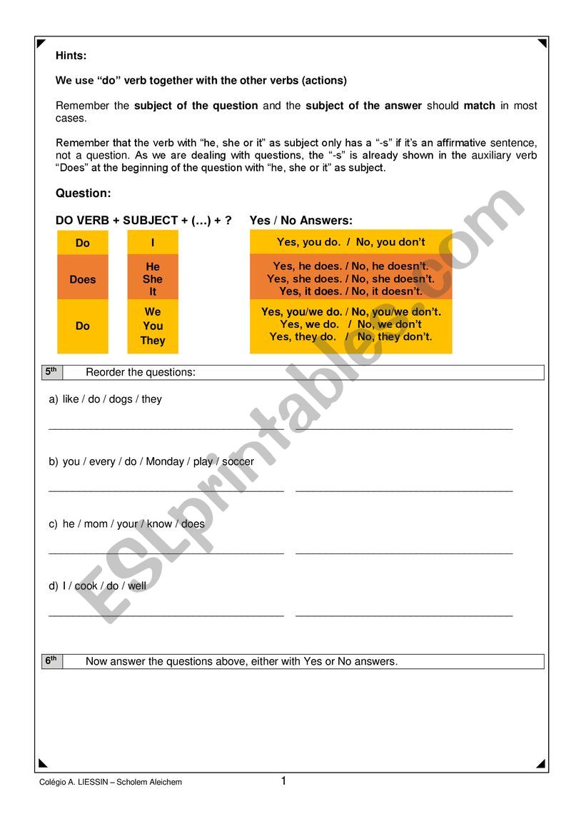 Yes or No questions worksheet