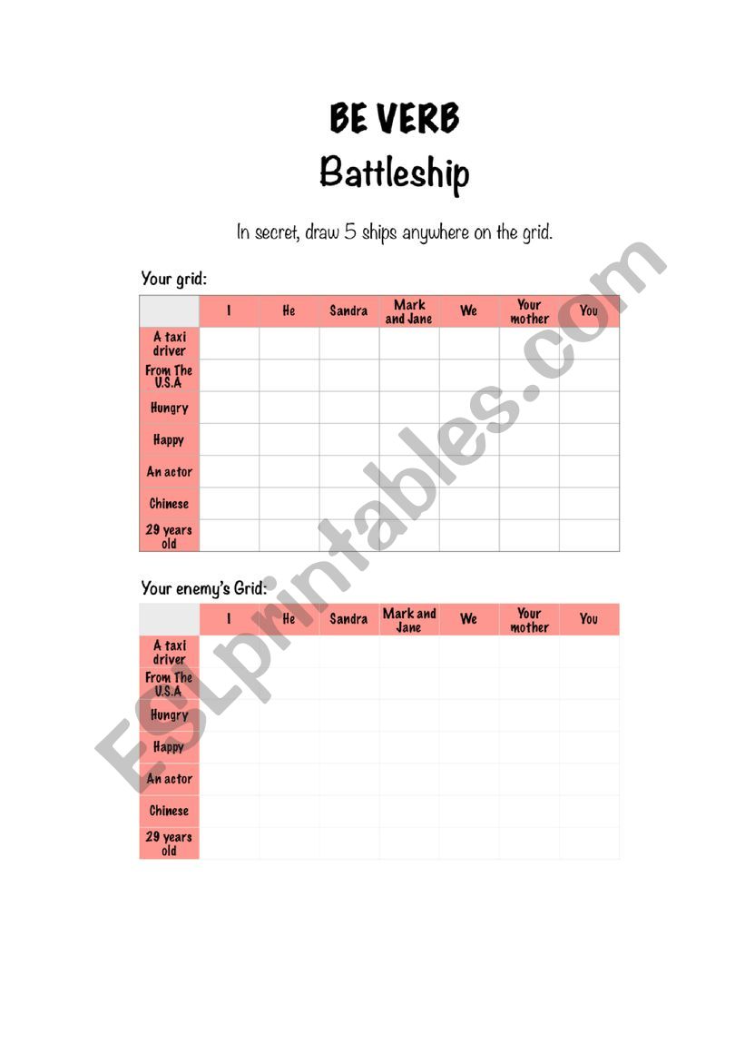 BE VERB BATTLESHIP  worksheet