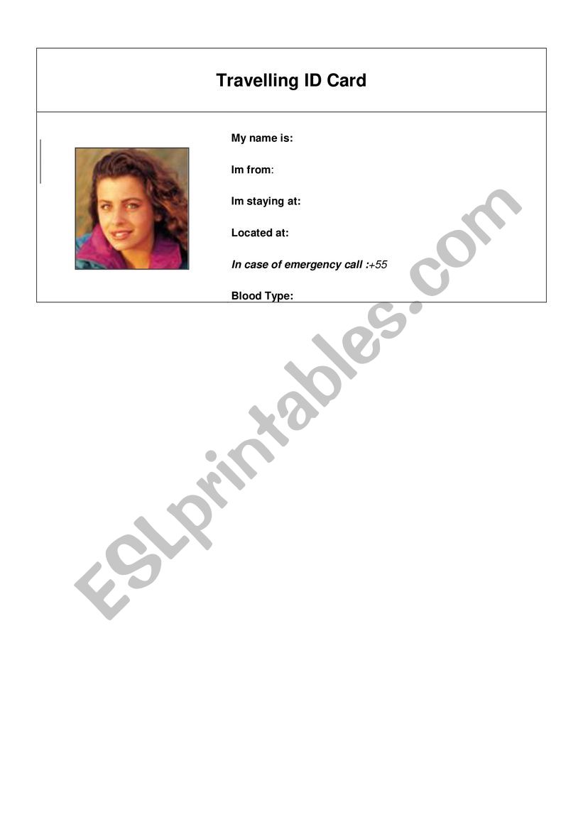 Travelling ID Card worksheet