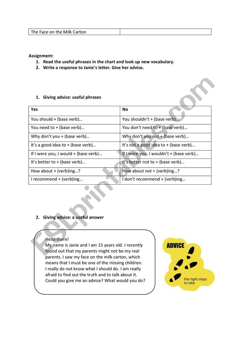 The Face on the Milk Carton - Worksheet