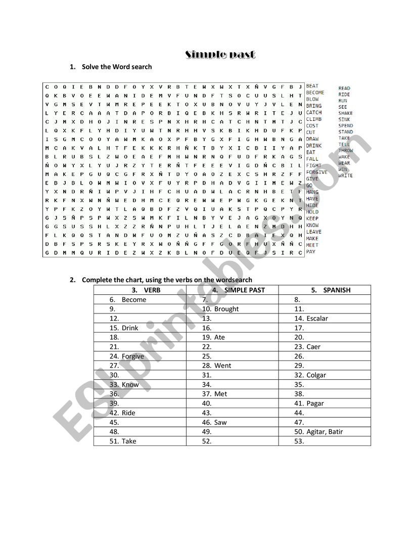 simple past word search worksheet