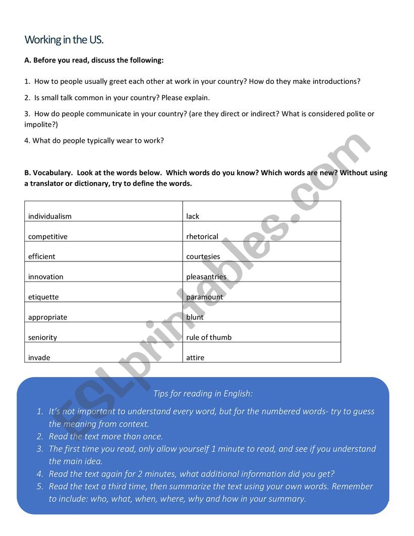 U.S. Business Culture  worksheet