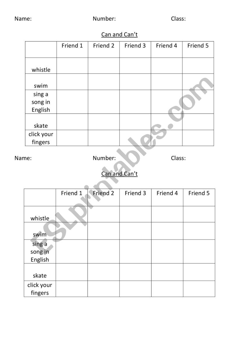 Can and Cant Class Survey worksheet