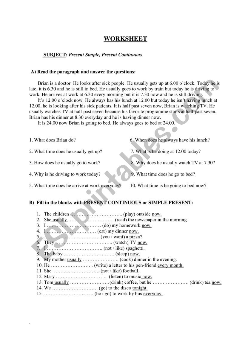 Present simple and continuous worksheet