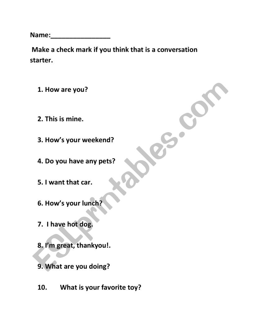 conversations starter worksheet