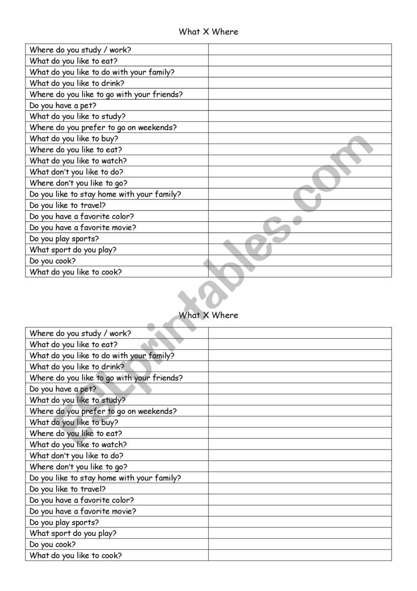 What X Where worksheet