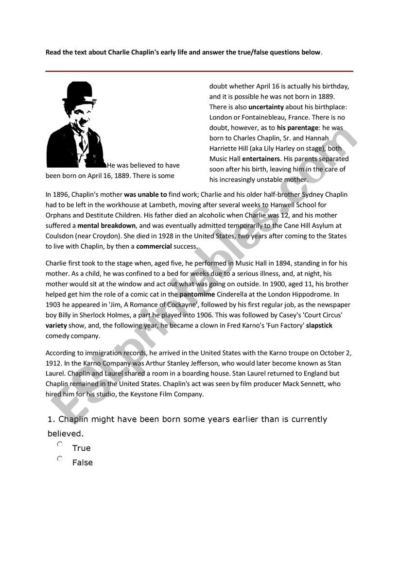 reading text worksheet