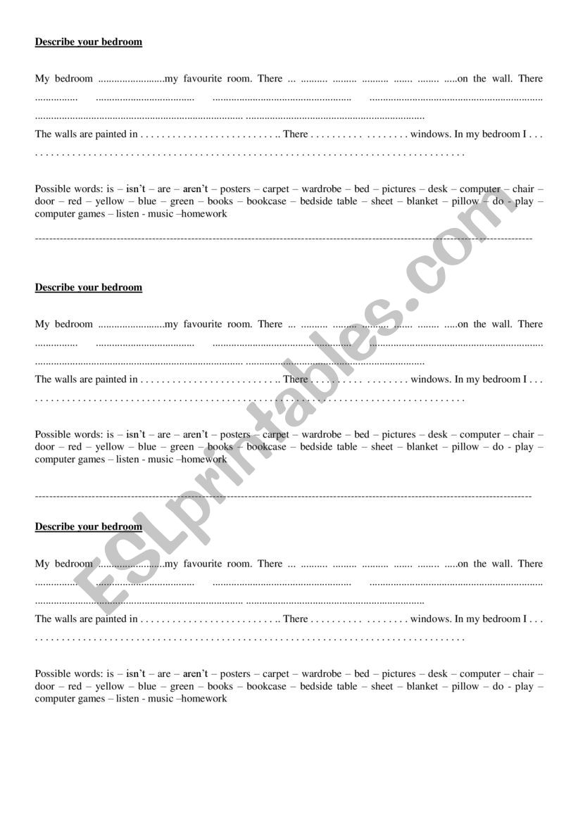 Describe your bedroom worksheet