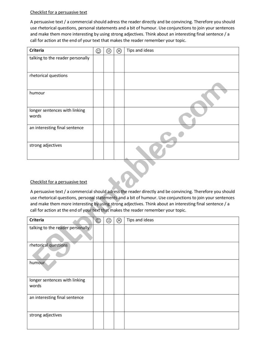 Checklist for persuasive texts