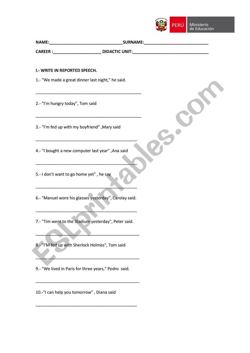 reported speech worksheet