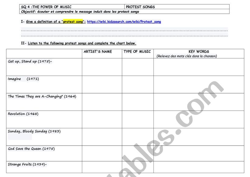 PROTEST SONGS worksheet