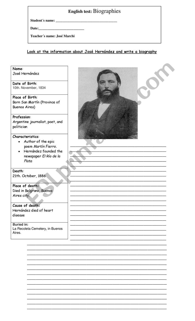Biographies: JosÃ© HernÃ¡ndez worksheet