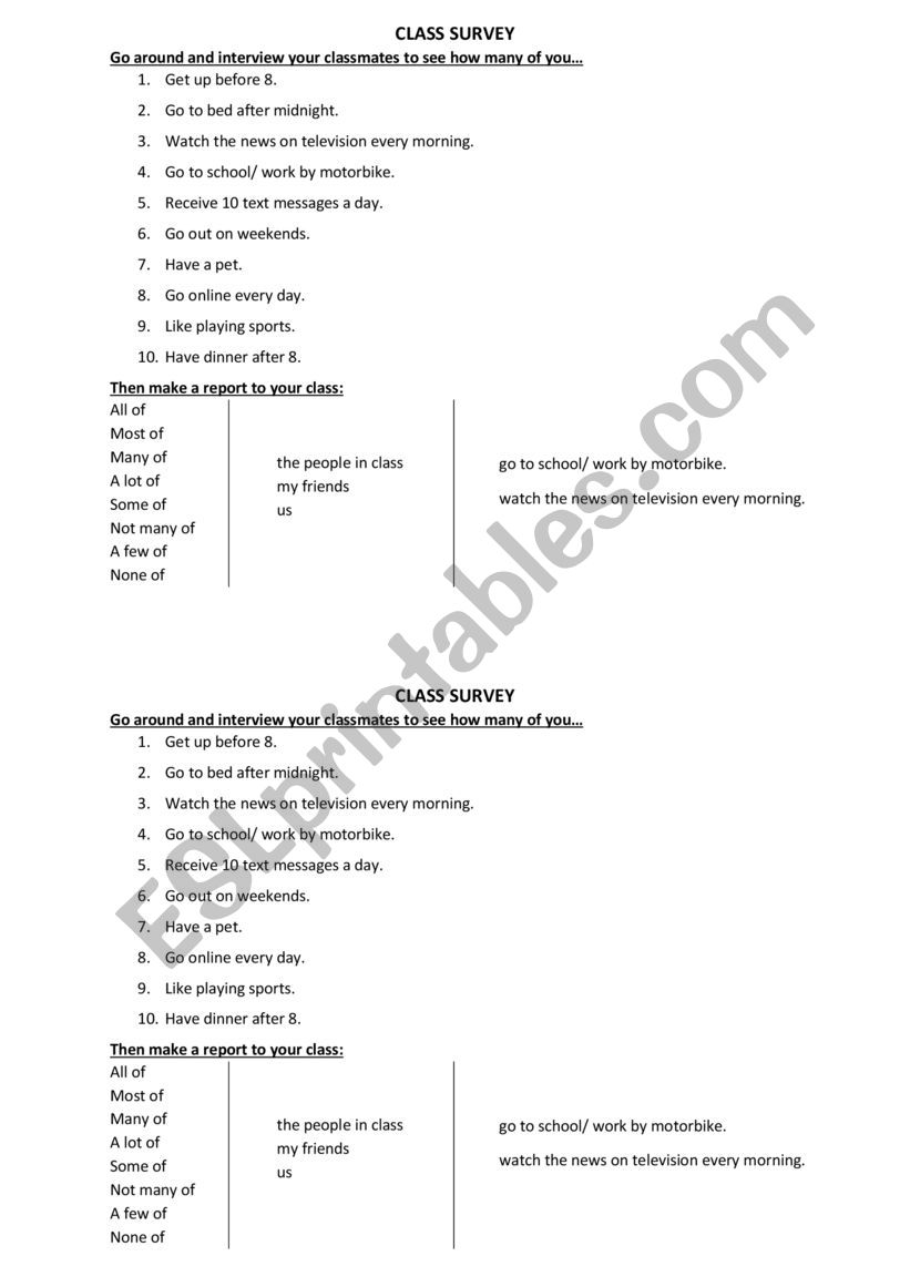 Class survey worksheet