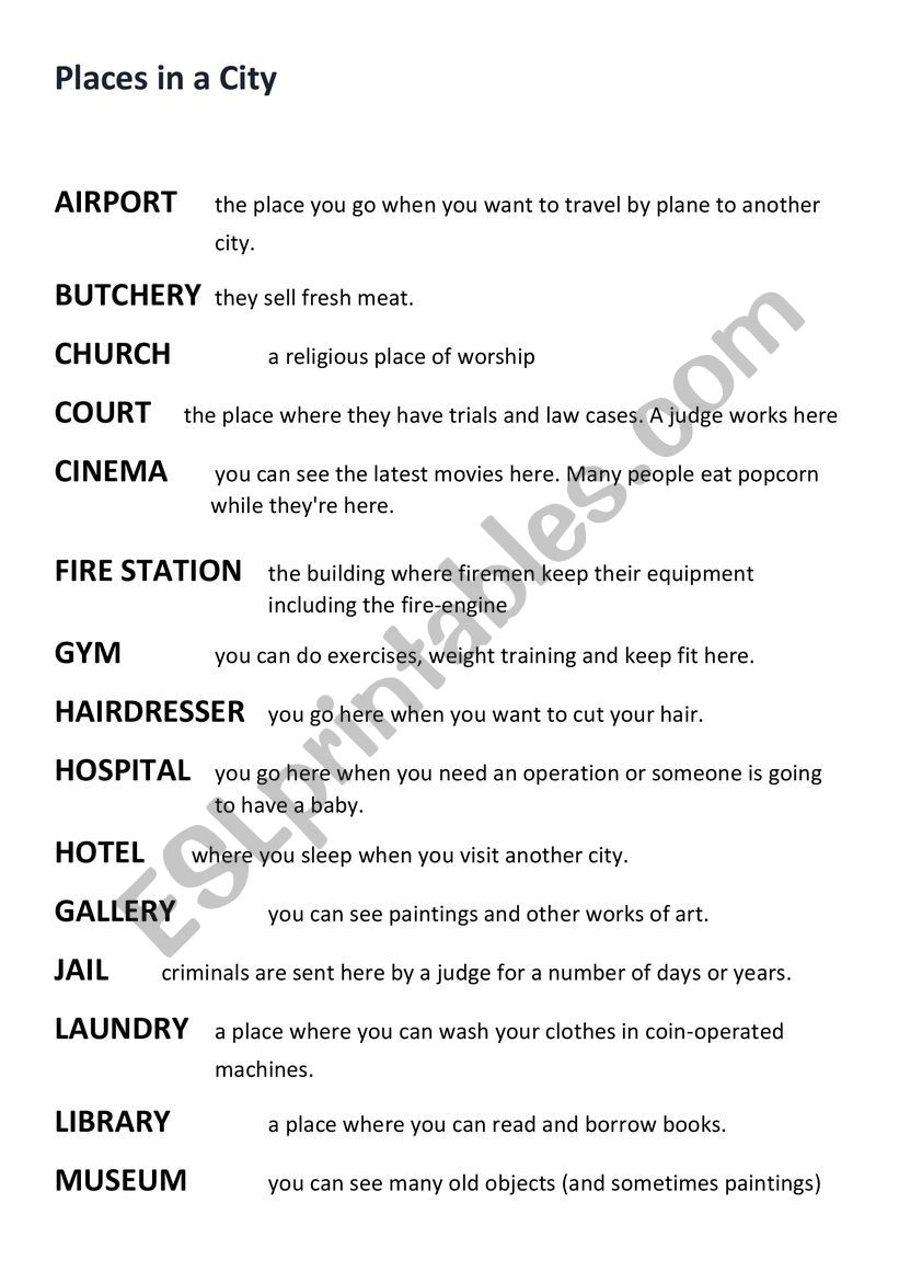 places in town  worksheet