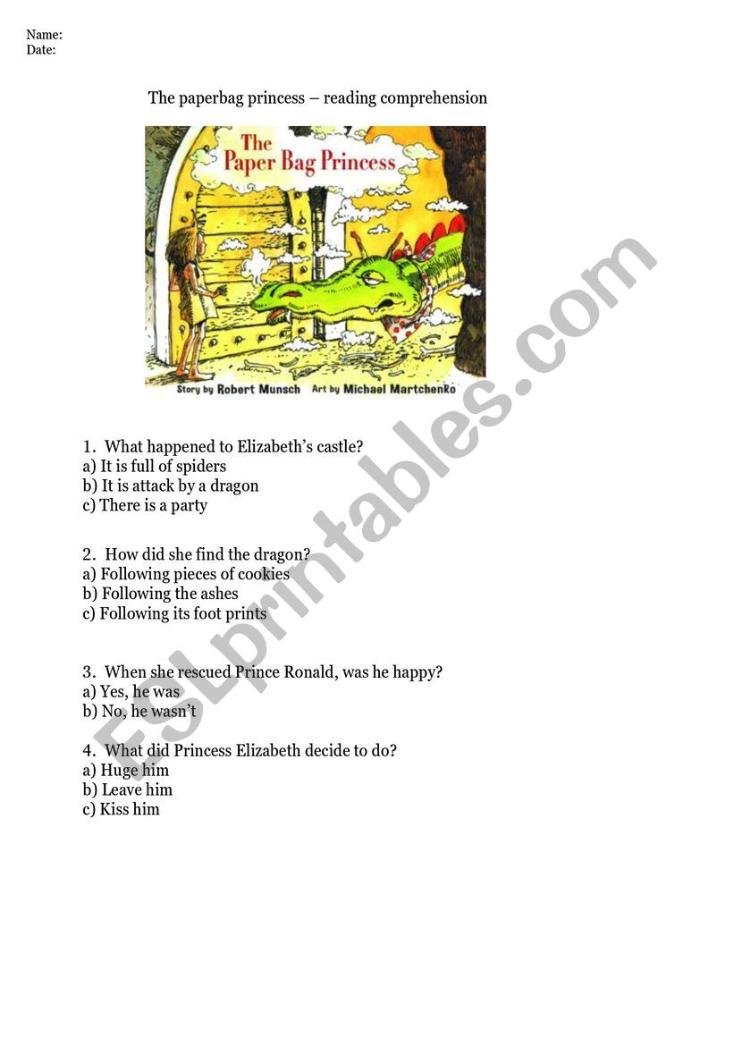 The paperbag princess - comprehension sheet