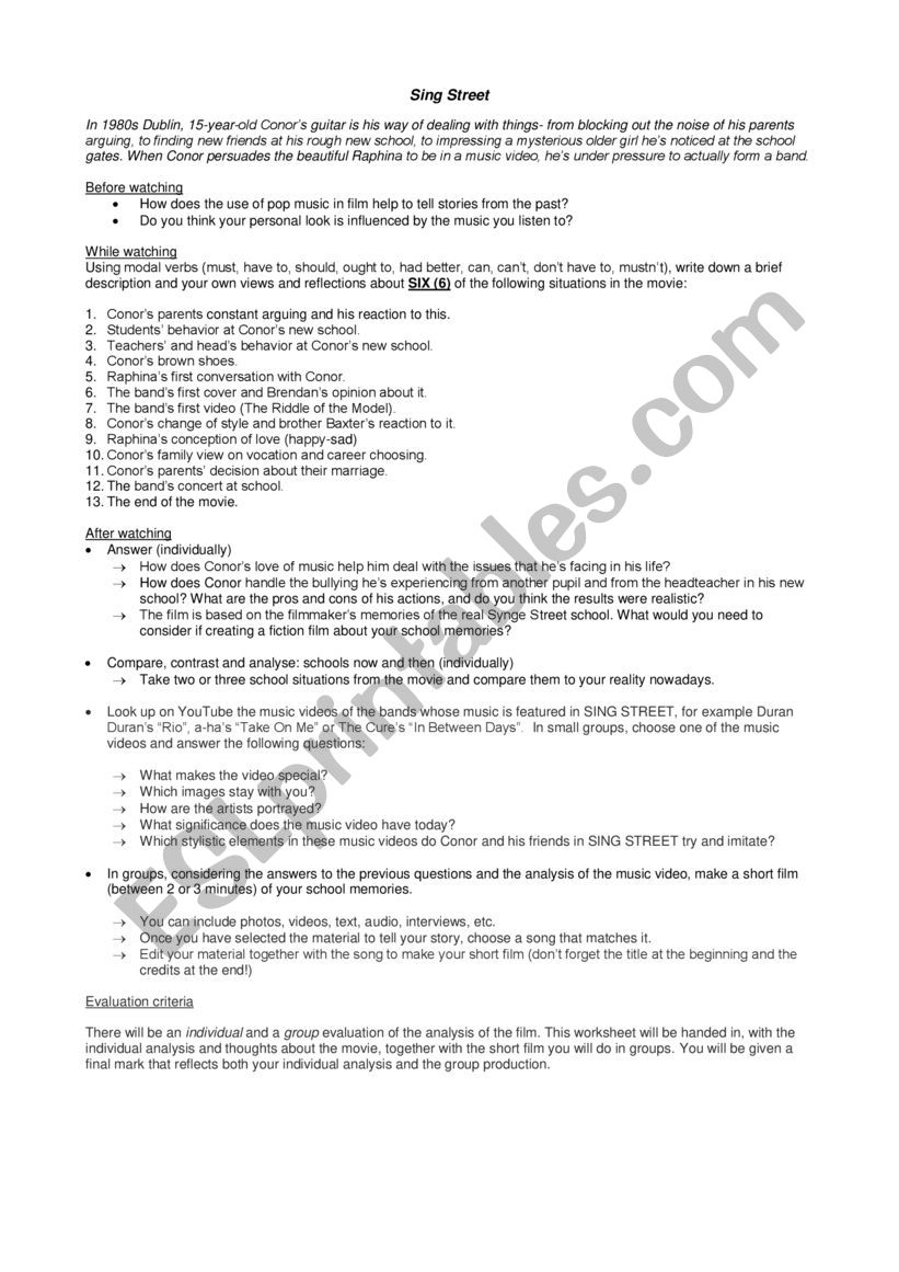 Sing Street worksheet worksheet