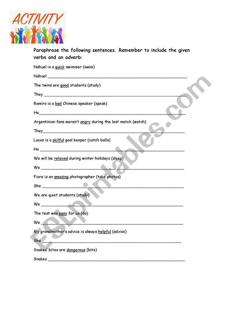 Adverbs paraphrasing worksheet