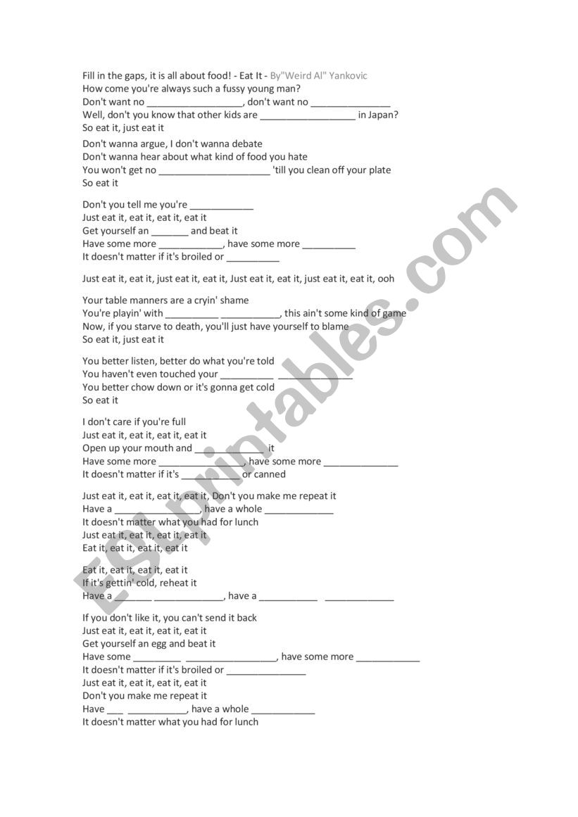 Eat it- Weird al Yancovich worksheet