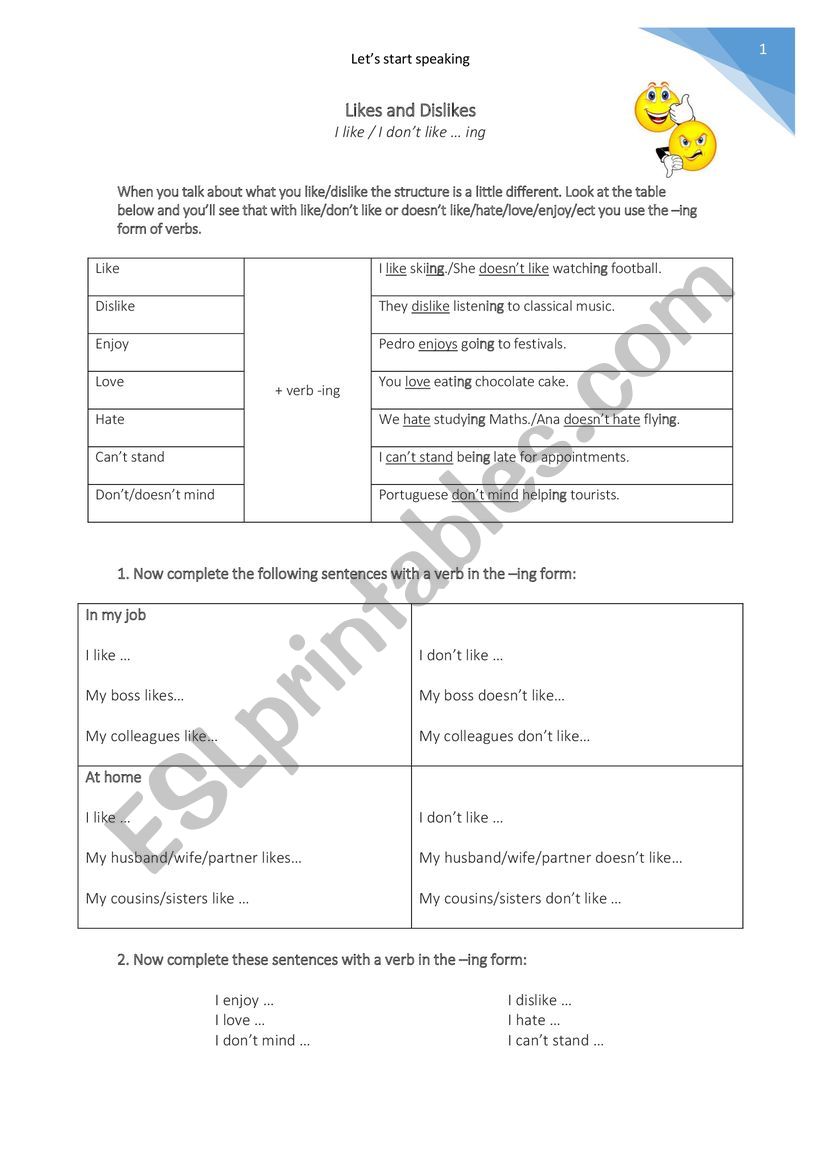 Like and Dislike + -ing verb worksheet