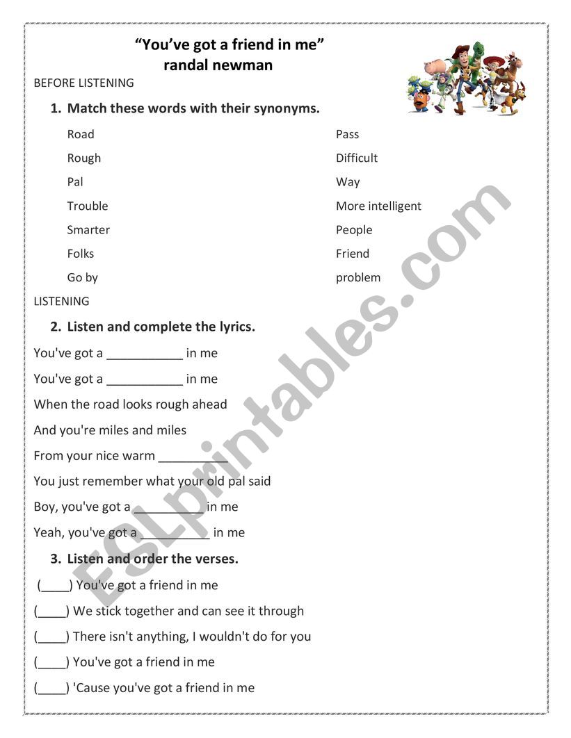 Youve got a friend in me worksheet