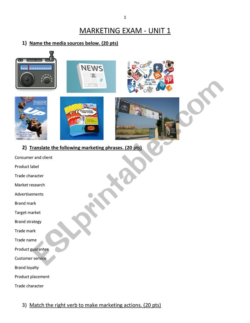 Marketing exam worksheet