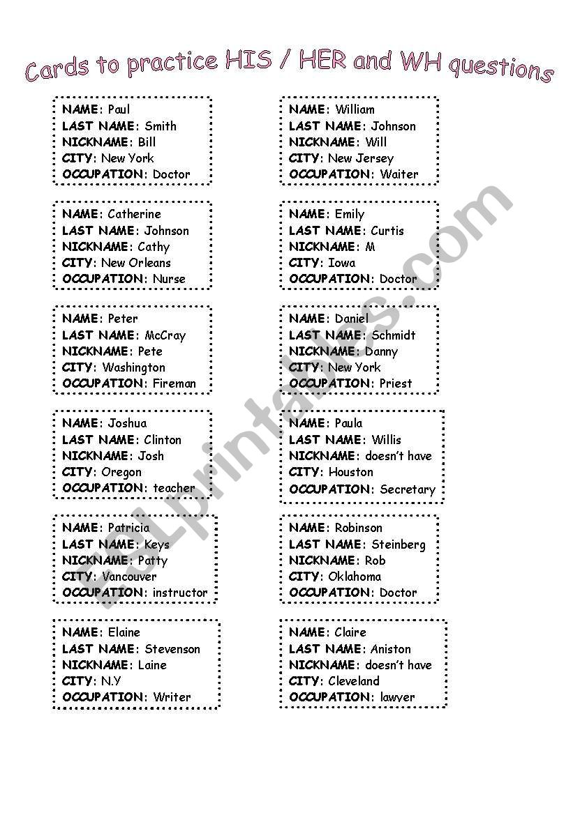 Cards to practice HIS/HER + WH questions