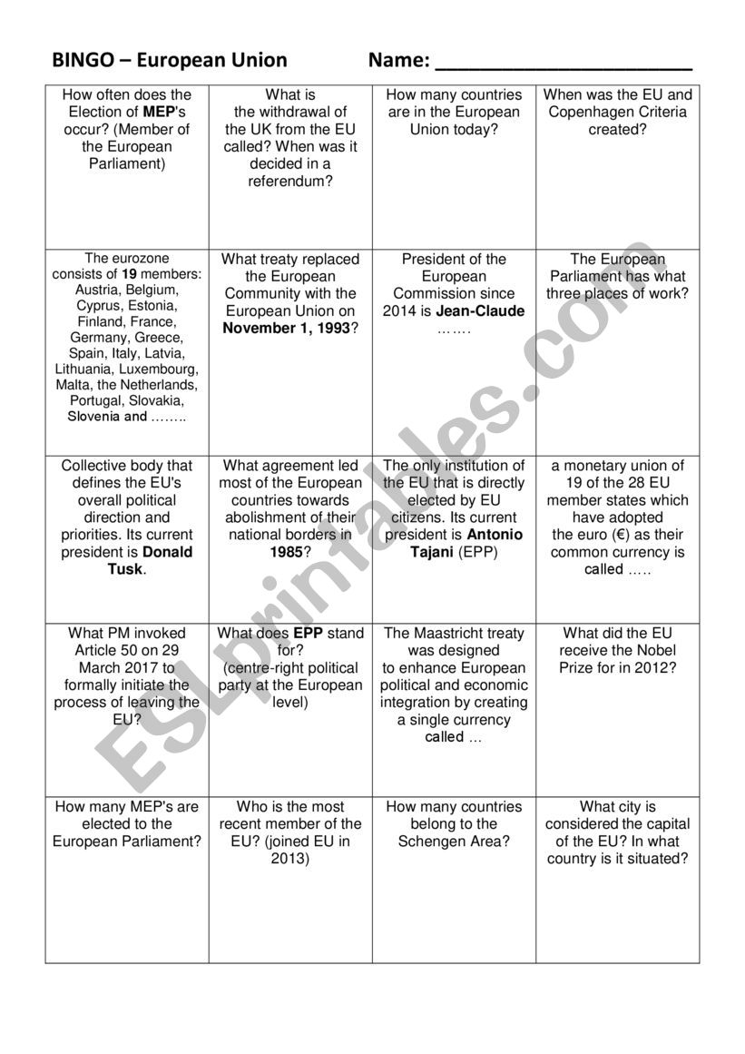 BINGO â€“ European Union worksheet