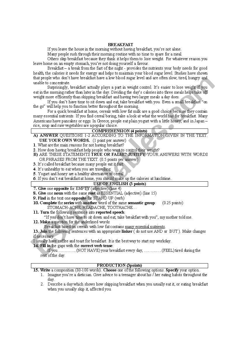 breakfast worksheet