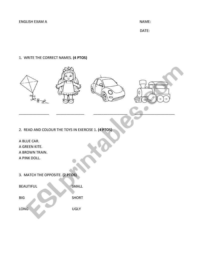 English Exam Toys, Colours and Adjectives