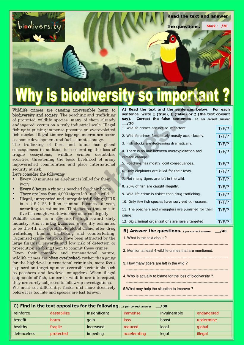 Why is BIODIVERSITY so important ? Reading comprehension or Test.